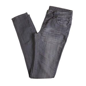 GREY DENIM 5-POCKET DISTRESSED SKINNY JEANS · SIZE 7